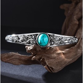 DOLIOX Genuine Turquoise Vintage Rose Flower Bracelet Bangle, Sterling Silver Boho Adjustable Bangle Cuff Native American Jewelry for Women, Fit for 6.5 7 7.5 Inches