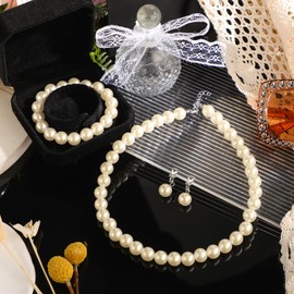 Aurelema 3 Pcs 1920s Faux Pearl Strand Costume Jewelry Sets Simulated Pearl Necklace Bracelet Earrings for Women(12 mm,Beige)