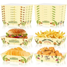 HOWAF 24pcs Happy Sukkot Snack Plates, Happy Sukkot Party Decoration Food Paper Trays Serving, I Love Sukkot Food Boats for Jewish Festival Holiday Party Supplies, Jewish Holiday Snack Trays