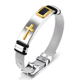 TOWAMOE Mens Cross Bracelet Stainless Steel Christian Bracelet Religious Jewelry with Modern Mesh Design Personality Gift for Men
