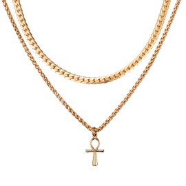 Rofusn Gold Layered Ankh Necklace for Men: Stainless Steel Egyptian Coptic Ankh Jewelry Gifts