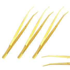 Set of 3 Pcs 'Gold Plated Color Stainless Steel Tweezers, with Curved Serrated Tip Multipurpose Tweezers Sewing Machine Tweezers Forceps for Craft Repairing