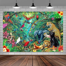 7X5ft Jungle Theme Photo Backdrop Photography Background, Tropical Rainforest Animal Adventure Scenic Backdrops Photo Booth Prop Decorations Wall Decor Tablecloth