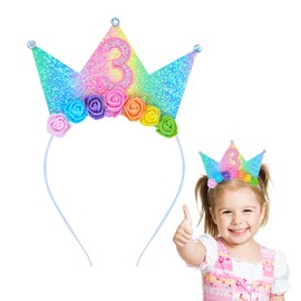 Dmnnlp 3rd Birthday Headband for Girls - Sparkle Princess Crown Hairband, Kids Party Decorations, Rainbow Flower Crown Gift for 3 Year Old