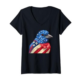 Womens American Flag Lazuli Bunting Patriotic Bird Face 4th Of July V-Neck T-Shirt