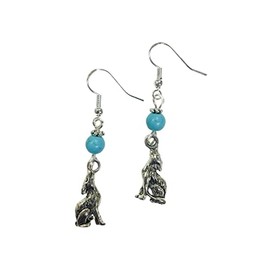 Howling to the moon Coyote Wolf Earrings, southwestern style, accented with turquoise colored stone beads