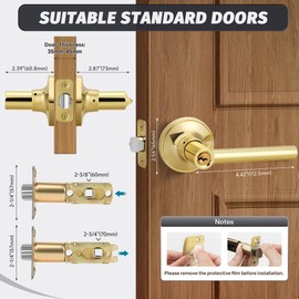 Gaurqiah Bright Gold Keyed Entry Door Handle, Round Design Door Lever with Keys, Reversible Door Lever for Entrance Front Bedroom, Polished Brass
