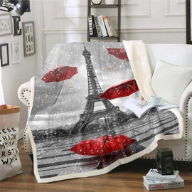 Eiffel Tower Sherpa Blanket - Paris Cityscape Fleece Throw With Rain Retro Red Umbrella - Plush Raining Paris Landscape Fuzzy for Sofa Bed Couch - Single 50x60 Inch