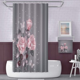 OERJU Floral Shower Curtain Pink Rose Stylish Bath Curtain with Printted Pattern Grey Background Waterproof Polyester Fabric Bathroom Decor Set with Hooks 60x72inch