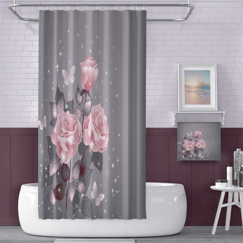 OERJU Floral Shower Curtain Pink Rose Stylish Bath Curtain with