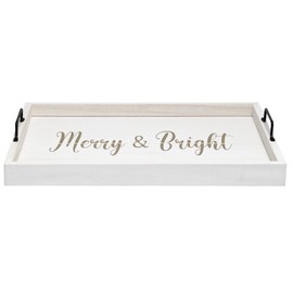Elegant Designs HG2000-WMB Christmas Decoration 15.50" x 12", Decorative Wood Serving Tray w/ Handles, White Wash Merry & Bright