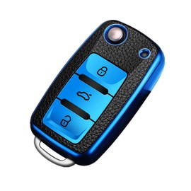 Happyit TPU + Leather Car Key Cover Case fit for Volkswagen VW Bora Beetle Tiguan Polo Passat B5 B6 MK5 6 Jetta Eos SEAT Sagitar Golf 6 3 Buttons (Blue)