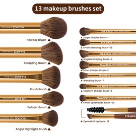 MAANGE 13 PCS Makeup Brushes Professional Make Up Brushes Premium Synthetic Powder Concealers Brushes Travel Makeup Brush Set with Case (Gold)