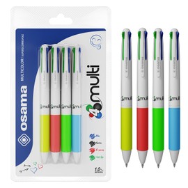 Osama 4 Multi - Set of 4 Retractable Ballpoint Pens 4 Colours - 4 Colours Ballpoint Pens 0.1mm with Black, Blue, Red and Green Ink, Ideal for Writing and School Supplies, University and Office