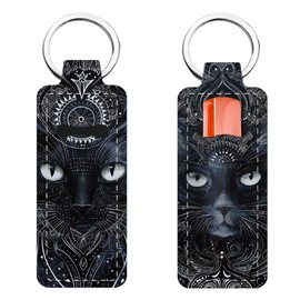 FREEBLOSS 2Pcs Cat Chapstick Holder Keychain 1.5x3.8'' Lip Balm Holder Keychain with Black Cool Cat Pattern Lightweight Lipstick Sleeve Pouch for Women Gift