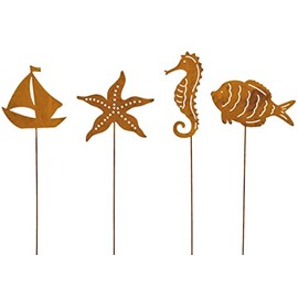B2S BACK2SEASON Metal Stake Ship Starfish Seahorse Fish Rust Garden Stake Decoration Height Approx. 32 cm Set of 4
