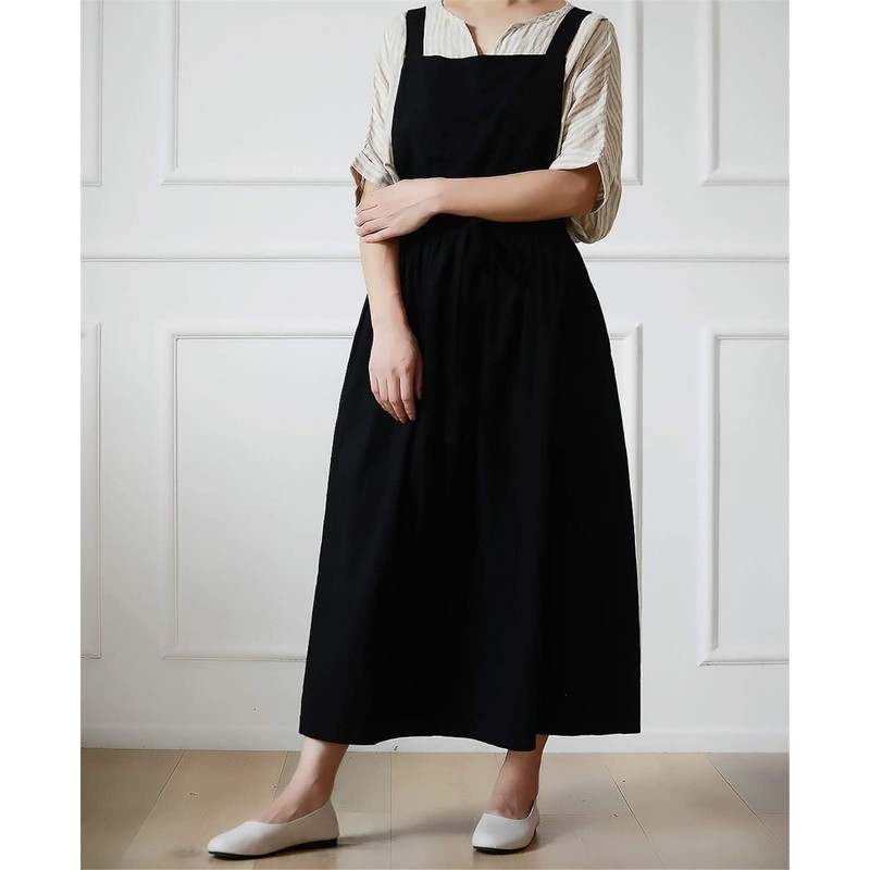 LeafIn Women's Flower Pattern Apron One-Piece Cotton 2-Way Pocket Long
