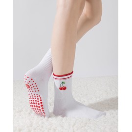 Pilates Stopper Socks for Women Yoga Non-Slip Grip Socks Cute Reformer Pilates Non-Slip Socks with Nubs for Ballet Barre Dance Trampoline Hospital Fitness Home, 2 Pack Cherry and Martini, One size
