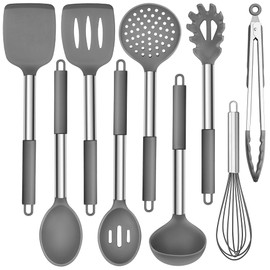 HaWare Silicone Utensils Set, 9-Piece Kitchen Cooking Utensils, Non-stick Heat Resistant Cookware with Stainless Steel Handle, BPA-Free, Dishwasher Safe - Light Gray