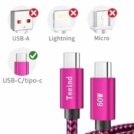 Teeind Tpc002 - Cable tipo C de carga rápida, paquete de 3 (3 pies/3.0 ft 60 W), cable trenzado de nailon tipo C a tipo C, compatible con iPhone 17/17