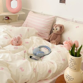 Nayoroom Bow Duvet Cover Twin Size 100% Cotton Reversible Pink White Striped Comforter Cover 2 Pcs Soft Breathable Cute Coquette Bedding Set Gift for Women Girls