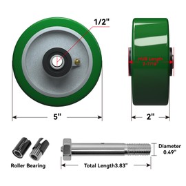 LONGRUNFORU 5" x 2" Industrial Casters, Polyurethane on Aluminum Wheel, Roller Bearing-1/2" Bore, Set of 4 Heavy Duty Caster Wheel with 4000 lbs Capacity(4 Pack)