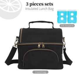 neatlife Mens Insulated Lunch Box with 2 XL icepacks,Sturdy Waxed Canvas Lunch Bag for Men And Women, Dual Compartment Large Cooler Bag For Work, Picnic, Travel, Outdoors (10.5L) 10"x9.5"x7" (Black)