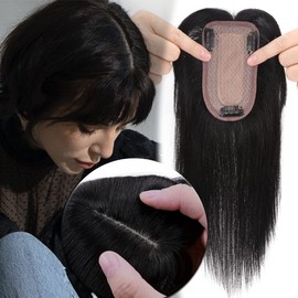 MY-LADY Human Hair Toppers for Women Real Human Hair for Thinning Hair 7 * 13CM Silk Base Hairpieces with Bangs 150% Density Clip in Remy Hair Pieces 7 Inch #01 Jet Black