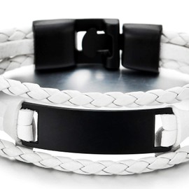 COOLSTEELANDBEYOND Three Rows Black ID Identification White Braided Leather Bracelet for Men Women, White faux leather, Non-applicable