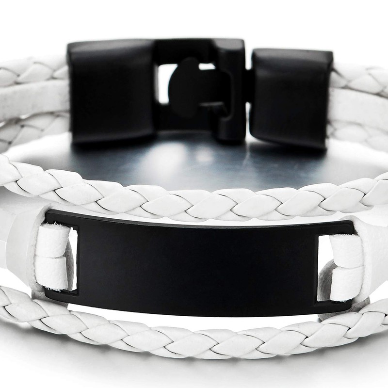 COOLSTEELANDBEYOND Three Rows Black ID Identification White Braided Leather Bracelet