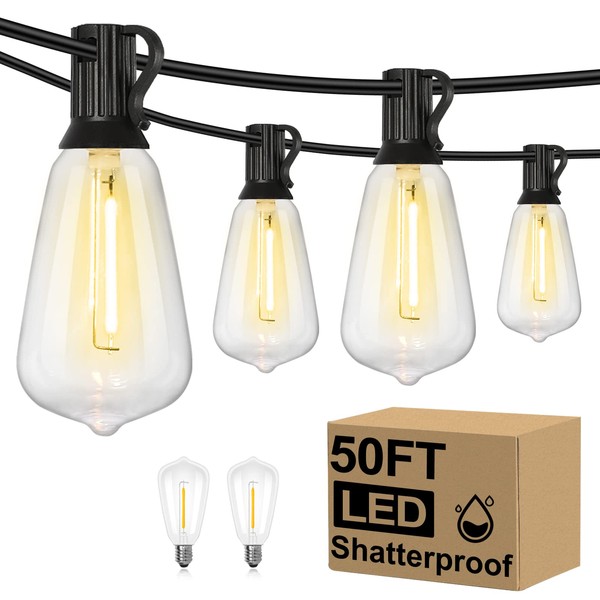 Brightever 50FT Outdoor String Lights Waterproof, 2700K Bright LED Patio Lights with 27 ST38 Shatterproof Vintage Bulbs, Retro Connectable Edison String Lights for Outside, Garden, Balcony, Porch