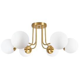 KoKo&Yukina 6-Light Mid Century Ceiling Light Modern Semi Flush Mount Ceiling Light Fixture Globe Ceiling Light with Milk Glass Shade Brushed Brass Finish for Bedroom Hallway Dining Room Living Room