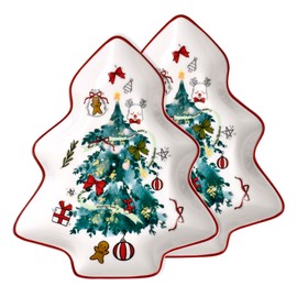 6 Inch Holiday Tree Shape Ceramic Dessert Plates, New Bone Porcelain Christmas Serving Tray Platter Dish with Watercolor Christmas Decoration, for Snack Cookies and Candy, Set of 2, Green Xmas Tree