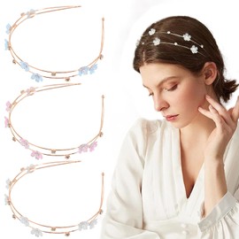 3 PCS Metal Flower Headbands for Women, Rhinestones Double Flower Hair Bands Gold Thin Wire Elastic Headdress Vintage Tiara Fashion Non-Slip Bridal Hair Accessories for Women Girls （Blue, Pink, White）