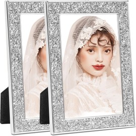Pack of 2 Glitter Picture Frames Diamonds 6 x 8 Inch Glass Photo Frame Silver Photo Frame Crystal for Table Top, Horizontal or Vertical, Decorative Picture Frame for Living Room, Bedroom and Office