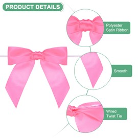 M METERXITY 50-Pack Satin Ribbon Twist Tie Bows, 3.5 Inch Bow Twist Ties, Satin Ribbon Bows for Craft DIY/Baked Goods/Hair Bow Sewing/Wedding/Birthday/Party [Medium Pink]