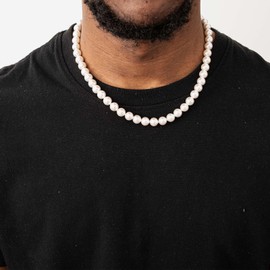 Phyonio Mens Pearl Necklace 8mm Round White Pearls Necklace with 14K Gold Plated Adjustable Chain Minimalist Pearl Jewelry Gift for Men Women