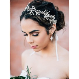 SWEETV Crystal Bridal Headpiece Silver Wedding Headband for Brides Pearl Hair Vine Rhinestone Hair Accessories for Women