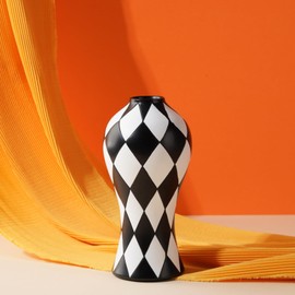 Modern Geometric Polyresin Handmade Vase, Nordic Style Decorative Centrepiece, Living Room Table Decor (Black/Whith002)