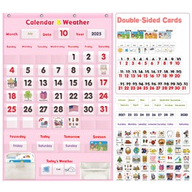 Pink Educational Calendar & Weather Pocket Chart Set for Kids - Classroom Learning Tool with 147 Double-Sided Cards, Daily Routine Tracker for Preschool to Elementary (Pink)