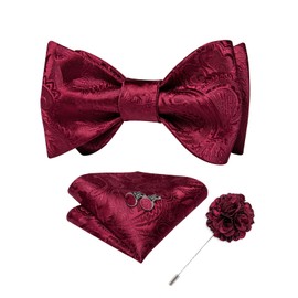 DiBanGu Silk Mens Self-tied Bow Ties Burgundy Paisley Bowtie Pocket Square Lapel Pin Cufflinks Formal Bow Tie for Suit Tuxedo