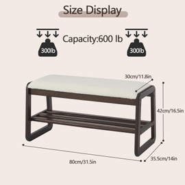 Achicsofar Shoe Rack Bench,2 Tier Wooden Entryway Bench with Shoe Storage, Shoe Rack with Cushion for Living Room, Hallway(Cream White, 31.5")