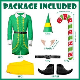Ficlwigkis Buddy Elf Costume Men Women Green Pink Elf Costume Christmas Elf Costume Buddy with Ears Hat Belt Elves for Christmas Costume Adult (Green, S)