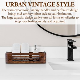 MyGift Rustic Burnt Brown Wood Bathroom Storage Bin and Toiletries Caddy, Toilet Paper Toll Holder with Vintage Metal Handles