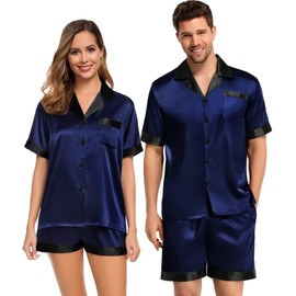 SWOMOG Couples Pajama Set Women & Men Silk Satin Short Sleeve Set Top and Shorts Sleepwear Soft Button-Down Loungewear Men Deep Navy Blue X-Large