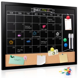 Board2by Monthly Chalkboard Calendar & Cork board for Wall, 18" x 24" Magnetic Chalk Calendar Board Combo Board, Hanging Wood Frame Combination Board Blackboard with Pens for Office, School, Home