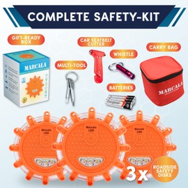 Marcala LED Road Flares Emergency Lights | 3-Pack Roadside Safety Disc Kit w/a Whistle | DOT Compliant Emergency Flares for Car w/Batteries Installed & 4 Items | Feel Safer on The Road!