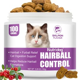 Nutridog Hairball Treats for Cats - Hairball Remedy Chews with Omega 3&6, Psyllium Husk, Zinc & Biotin - Salmon Flavor for Hairball Control, Digestive Health & Skin Support, 100ct (ND-044)