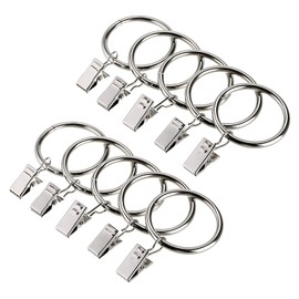 Pack of 10 Metal Curtain Rings with Clips, Pole Rod Voile Net Curtain Drapery Hanging Rings with Hooks (Silver)