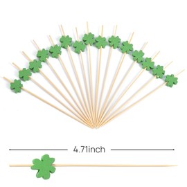 JtmyAota 100 Pack Green Leaf Cocktail Picks, 4.7 Inch Bamboo Toothpicks Party Food Decorative Cocktail Spears Skewers for Summer Spring Holiday Birthday Party Decoration (Clover Leaf)